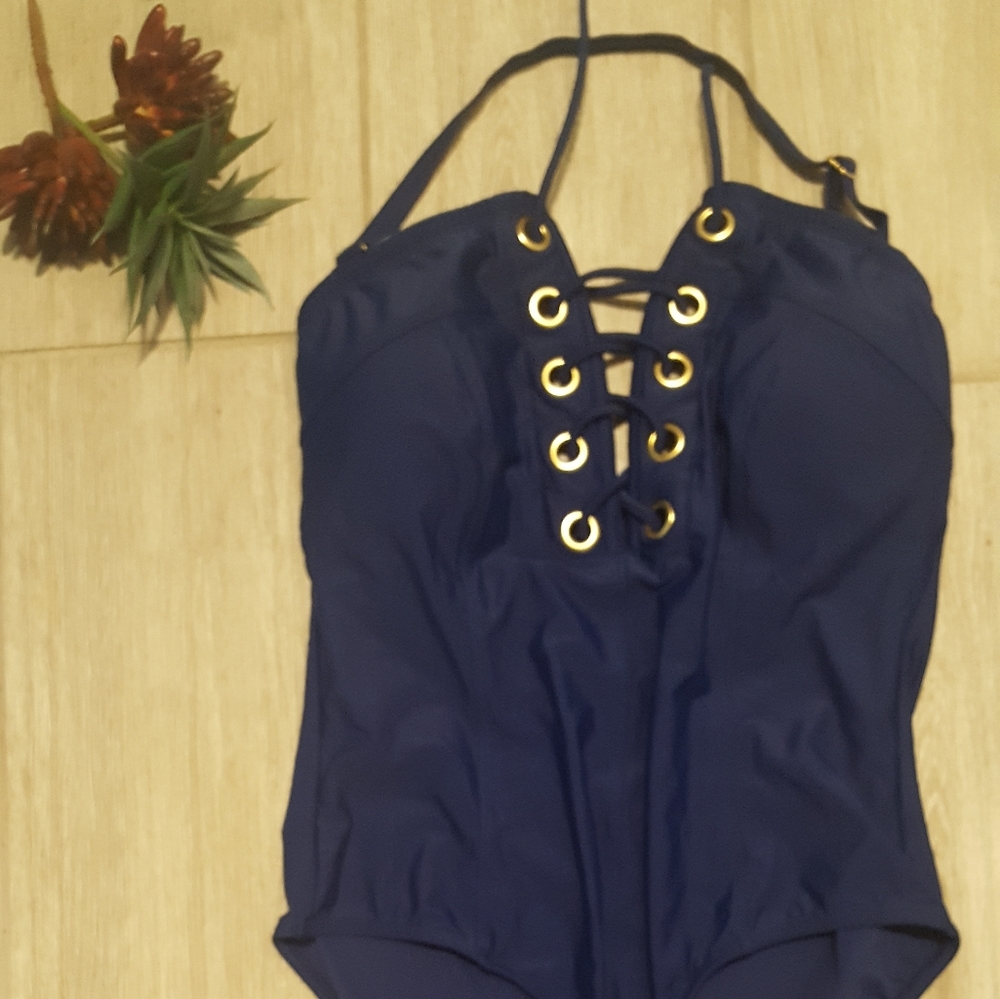 Navy grommet lace up one piece bathing suit